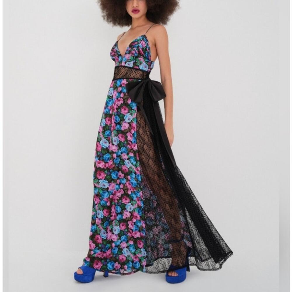For Love & Lemons Marley Floral Maxi Dress Midnight Rose Black Bow Sz Large NWT